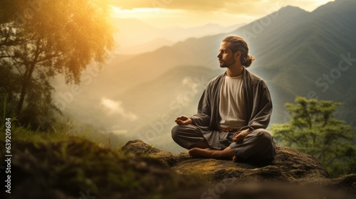Zen yoga practitioner outdoors. Beautiful illustration picture. Generative AI © standret