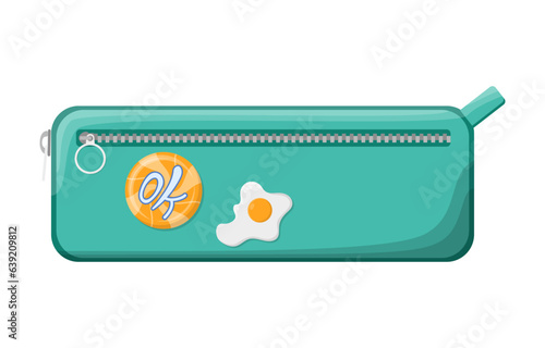 Modern school pencil case with pin badges. Back to school and education concept. Kids pencil box isolated on white background. Design for banner, poster, social media, marketing, study promotion ad