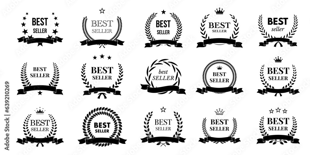Best seller award stamps set vector illustration. Winners badges with black Best seller text and reward laurel leaves, round wreath with crown, stars and ribbons isolated promotion signs collection - obrazy, fototapety, plakaty 
