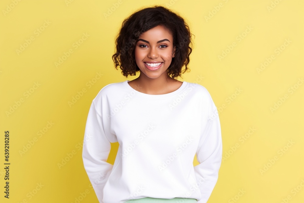 Obraz premium female wearing white sweatshirt on yellow background for mock up