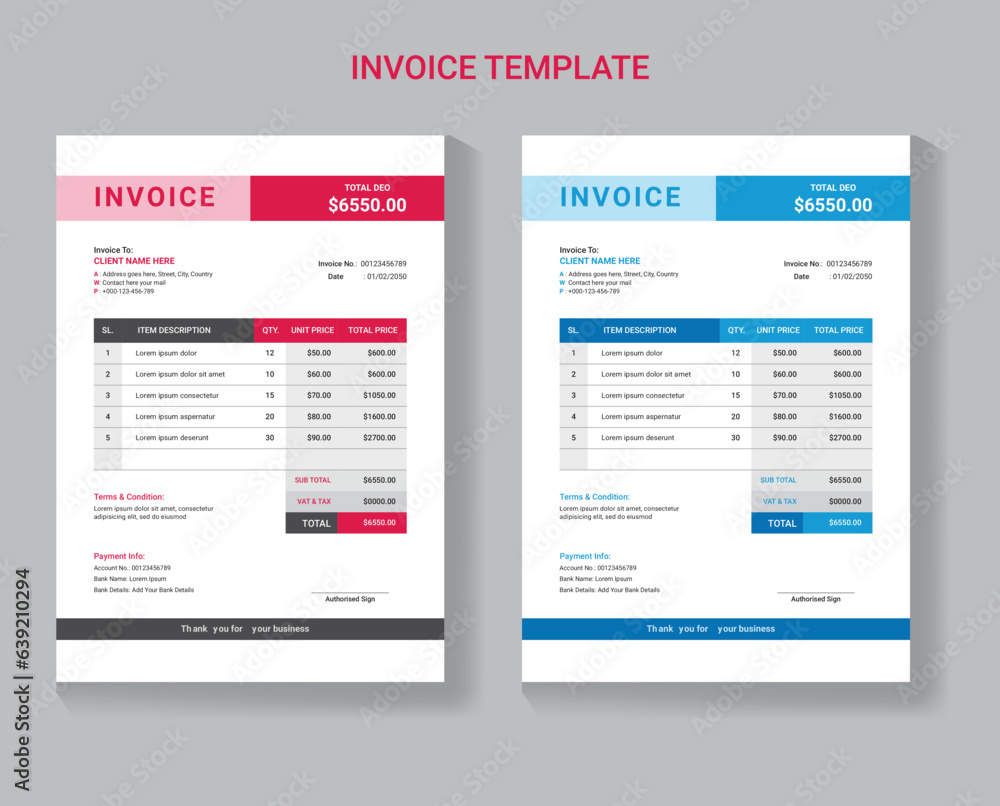 Vector clean invoice template, invoice design, Clean invoice vector template design, Corporate invoice design,