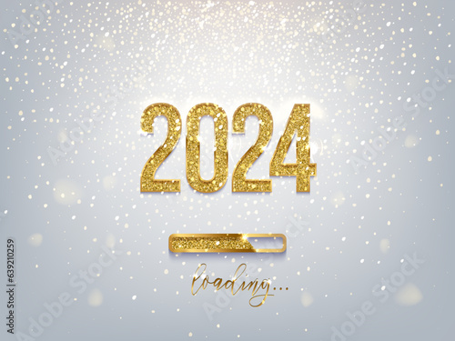 New Year golden loading bar vector illustration. 2024 Year progress with lettering. Party countdown, download screen. Invitation card, banner. Event, holiday expectation. Sparkling glitter background