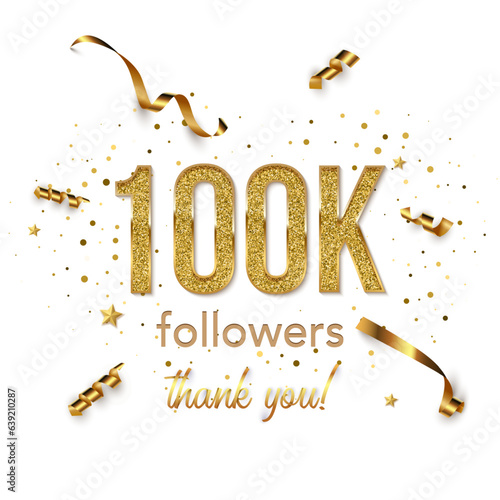 100000 followers celebration square vector banner. Social media achievement poster. 100k followers thank you lettering. Golden sparkling confetti ribbons. Shiny gratitude text on white background