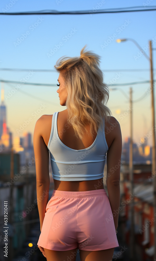 Schöne blonde Frau Rückenansicht im sportlichen Outfit in der Stadt, ai generativ