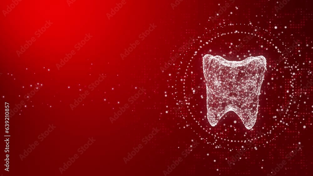 3D low poly model of a tooth on a red abstract background. Shiny grid ...