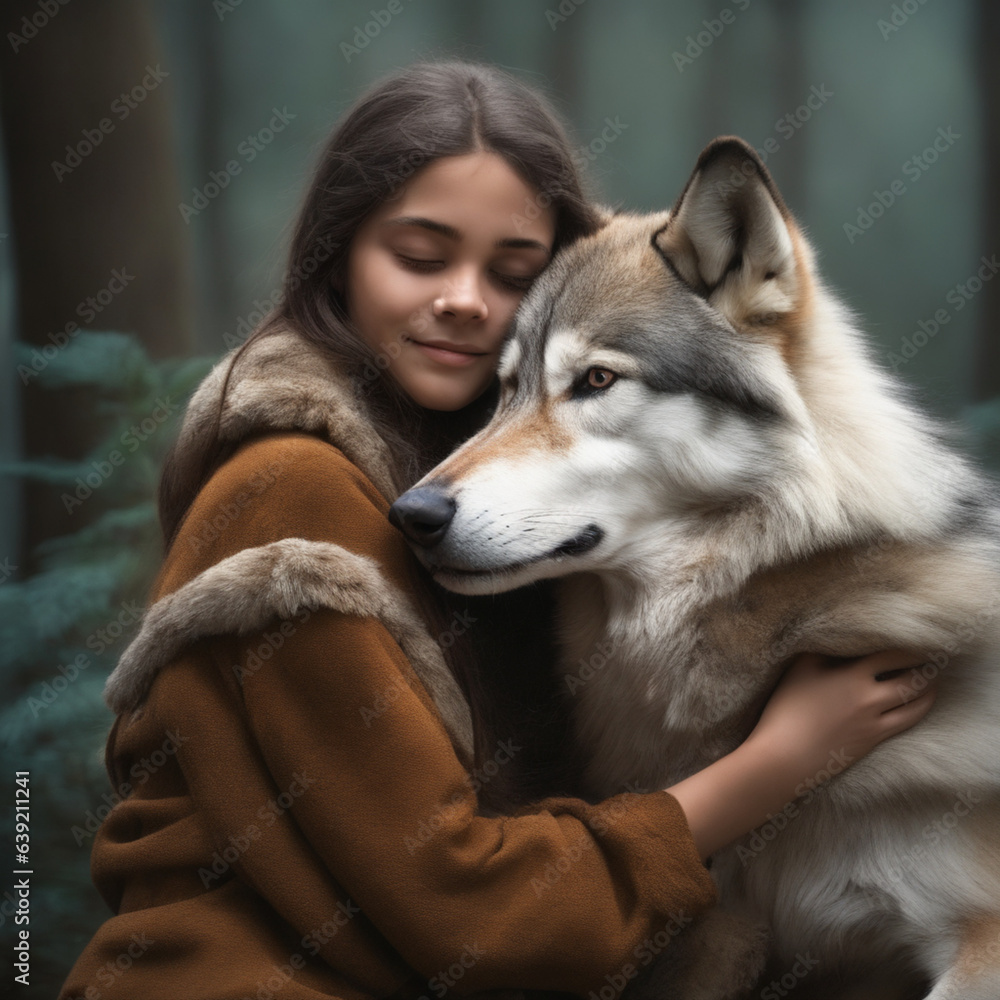 girl hugging a wolf, Generative AI