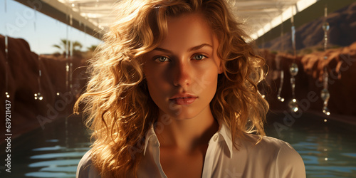 Hübsche blonde Frau mit Locken in weißer Bluse am Wasser mit schönen Sonnenlicht und Blick in die Kamera, ai generativ