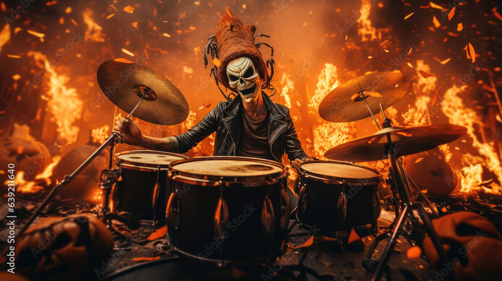 Fototapeta premium A person in halloween costume playing drum, drum on fire, halloween, Generative AI