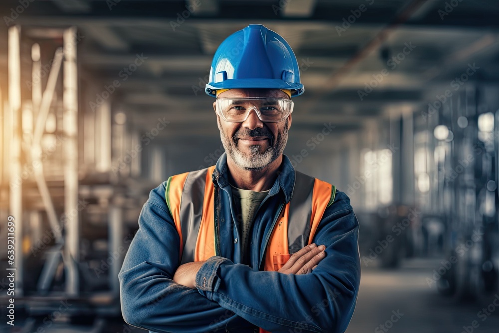 Smiling electrician at indoor construction site, wearing safety gear and posing confidently. Photo generative AI Smiling electrician at indoor construction site, wearing safety gear and posing confidently. Photo generative AI