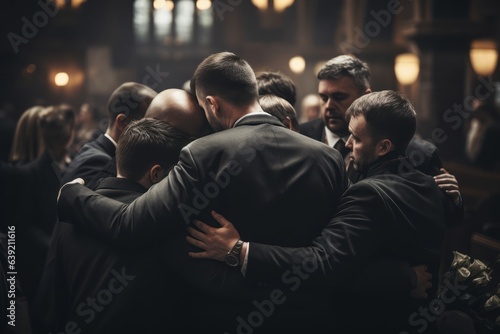 A heartwarming depiction of friends and family members embracing each other for support during a difficult moment at a funeral service. Generative Ai