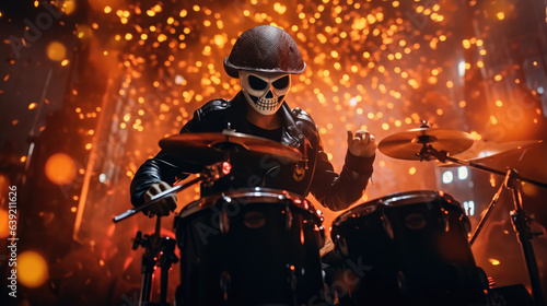 A person in halloween costume playing drum, drum on fire, halloween, Generative AI