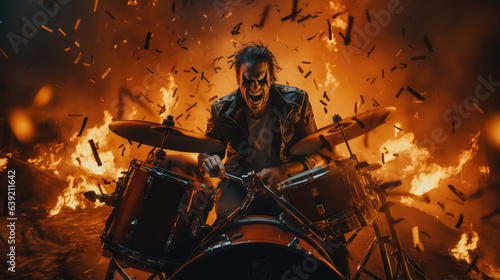 A person in halloween costume playing drum, drum on fire, halloween, Generative AI
