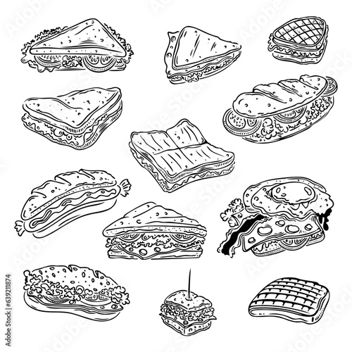 Sandwiches, Waffeln und belegte Brötchen zum Frühstück. Vektor Set.