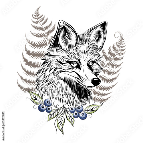Fuchs mit Farn und Blaubeeren. Vektor Design f√ºr den Herbst.