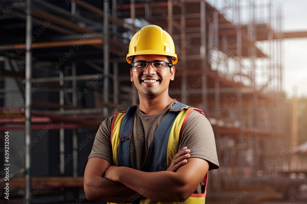 Smiling Hispanic man at construction site, wearing hardhat and goggles. Photo generative AI Smiling Hispanic man at construction site, wearing hardhat and goggles. Photo generative AI