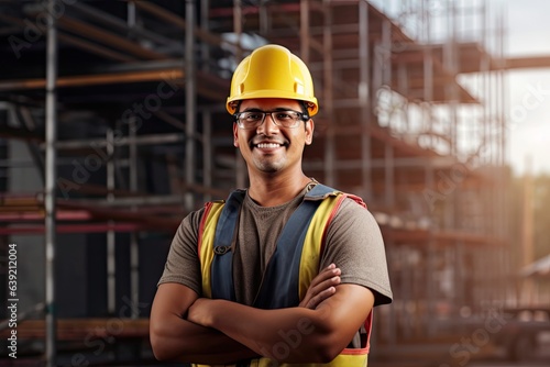 Smiling Hispanic man at construction site, wearing hardhat and goggles. Photo generative AI