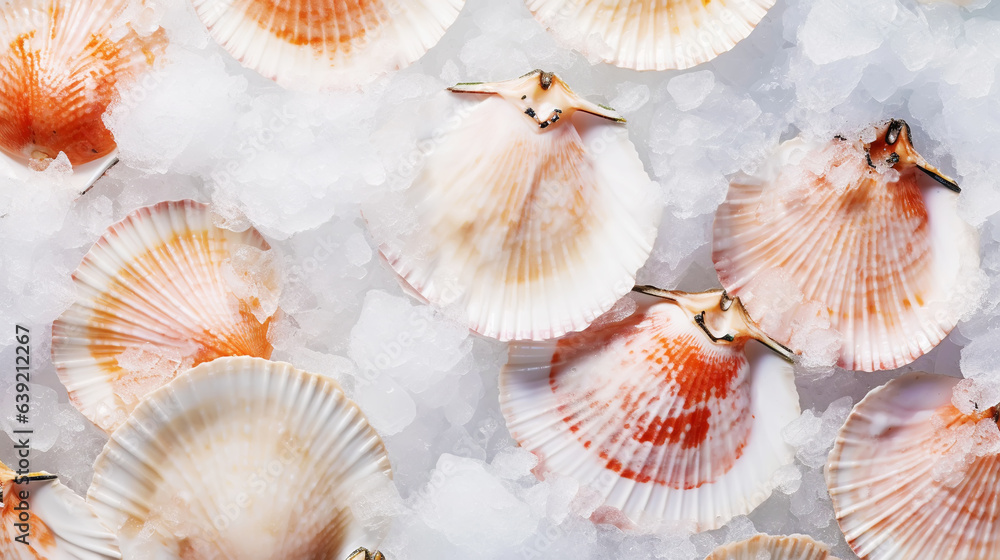 Raw fresh scallops on ice cubes. Seafood background. Generative AI Raw fresh scallops on ice cubes. Seafood background. Generative AI