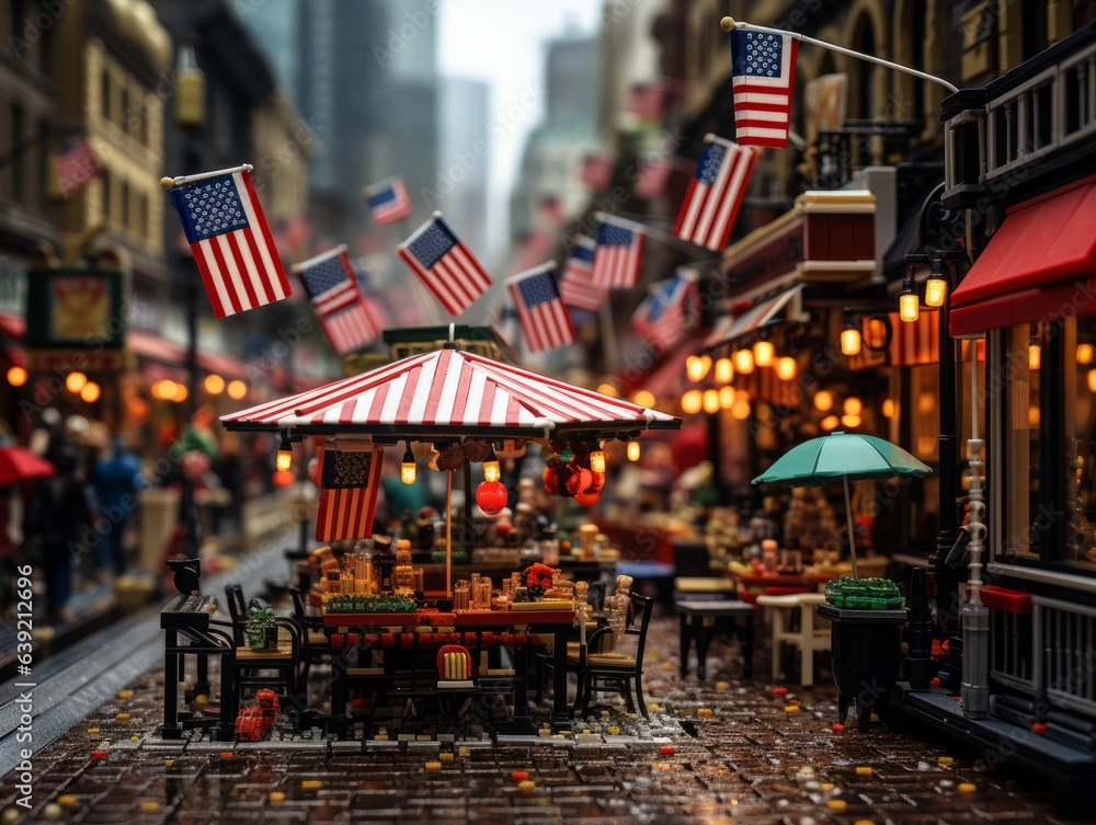 From a professional's perspective, a city street vendor sells miniature American flags to passersby. The scene, bustling with city life, highlights everyday commerce and national identity in harmony.