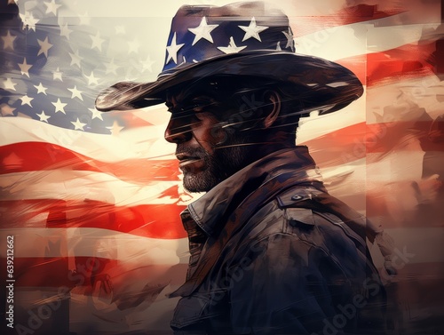 The silhouette of a cowboy merges with the American flag, intertwining rugged individualism with national identity in a ghostly fusion.