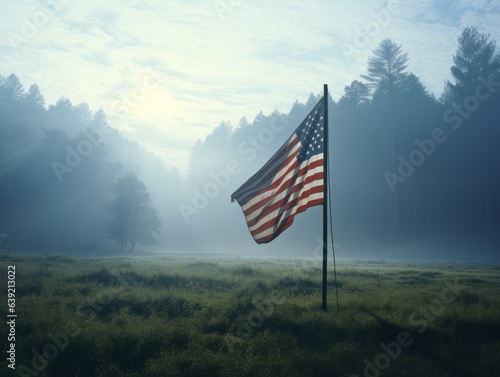 On a misty morning, the American flag emerges from the fog, signaling clarity and direction amidst the unknown, anchored on a tranquil meadow.