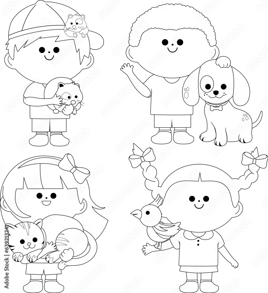 Children holding their pets. A cat, dog, a hamster and a bird. Vector black and white coloring page.