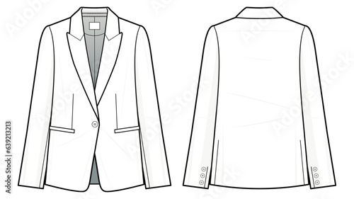 Single Button suits a fashion flat technical drawing template. Single Button coat jacket vector template illustration. front and back view. women's jacket, white colour. Women's jacket, CAD mockup.