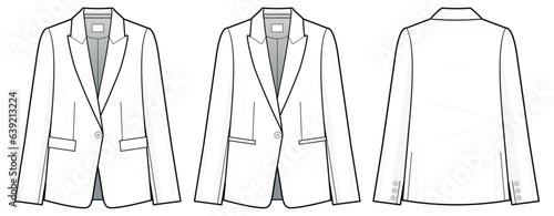 women's suit a fashion flat technical drawing template. Single Button coat jacket vector template illustration. front and back view. women's jacket, white colour. Women's jacket, CAD mockup.