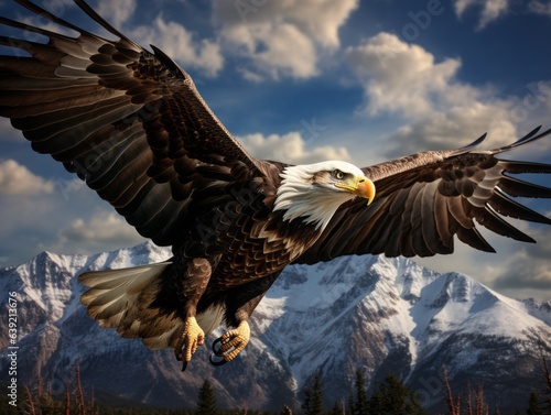 The eagle soars with the American flag in its talons against a backdrop of towering mountains, epitomizing freedom and the spirit of the nation, encapsulating the wild, untamed essence of America. © Dawid