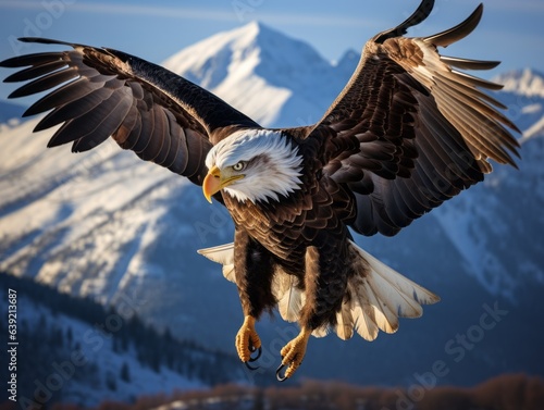 The eagle soars with the American flag in its talons against a backdrop of towering mountains  epitomizing freedom and the spirit of the nation  encapsulating the wild  untamed essence of America.