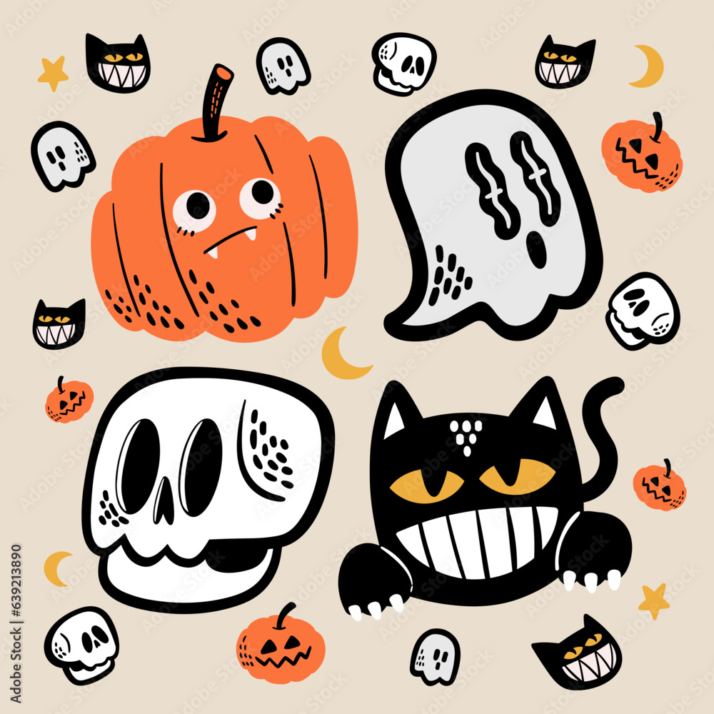 Fototapeta premium Selection of spooky hand-drawn Halloween theme, Halloween Things elements