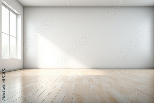 Empty white wall and smooth floor with interesting light glare Background. interior advertising. Generative AI.