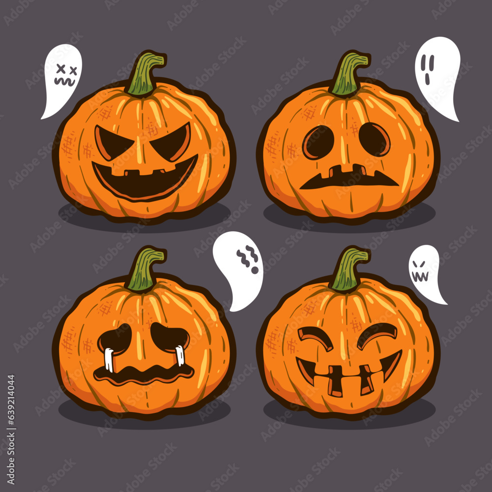 Hand-drawn Halloween Things elements character jack-o-lantern with emotion variants Hand-drawn Halloween Things elements character jack-o-lantern with emotion variants