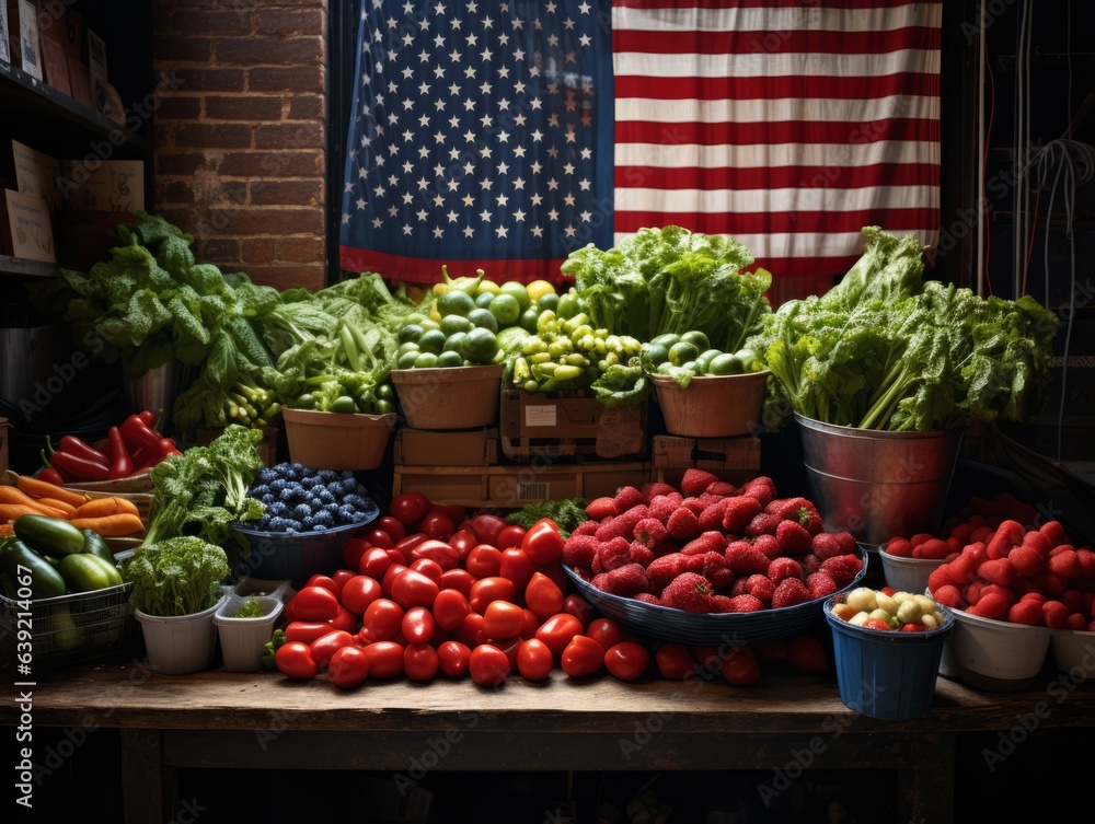 An American flag flutters behind a bustling farmer's market stand, merging the vibrancy of local produce with national pride.