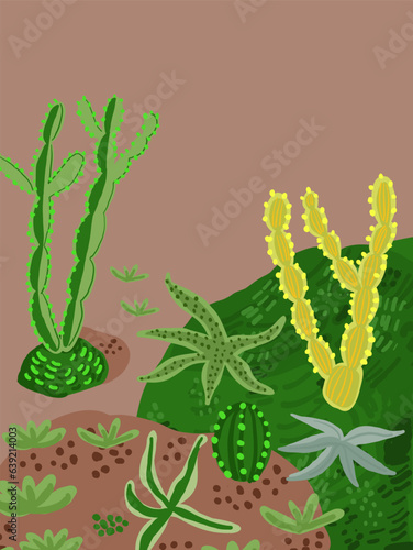 Beautiful postcard with cactuses composition. Stylish Mexican landscape, decorative exotical plants home garden. Vector illustration
