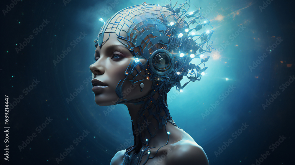 Andromedian Starseed portrait with empty copy space on the side. Generative AI. Andromedian Starseed portrait with empty copy space on the side. Generative AI.