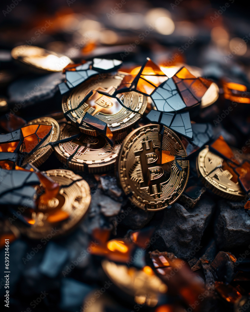 Fototapeta premium A close up of piles of bitcoins and other various crypto coins