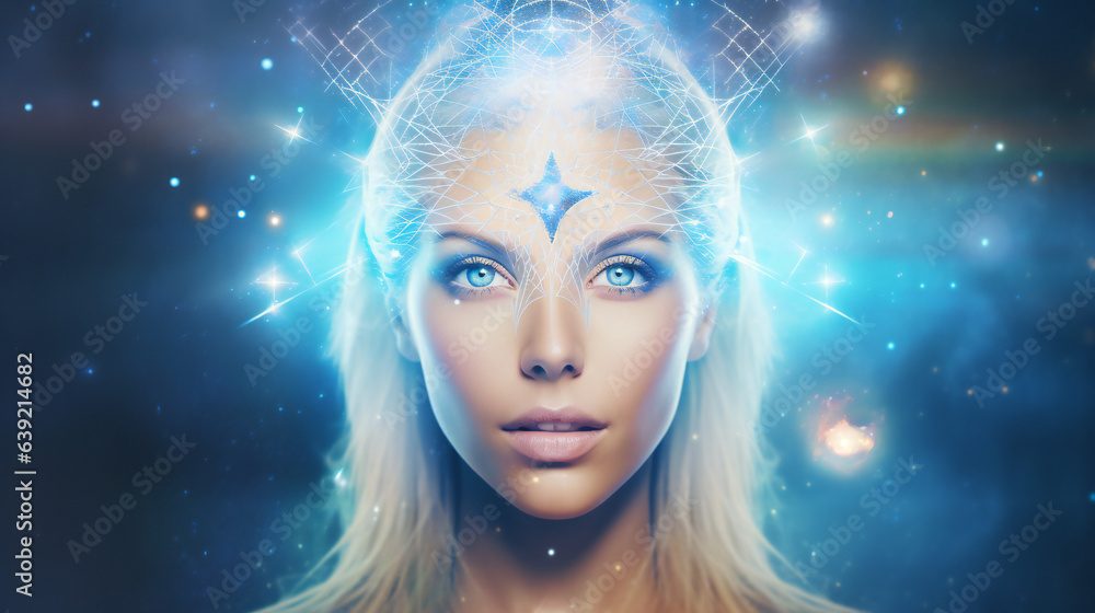 Pleiadian Starseed portrait with empty copy space on the side. Generative AI. Pleiadian Starseed portrait with empty copy space on the side. Generative AI.