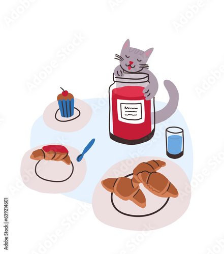 Cute illustration of a cat eating jam with food and drink. Paris cafe children illustration for picture book in hand drawn style. Croissants in Cafe. Vector illustration