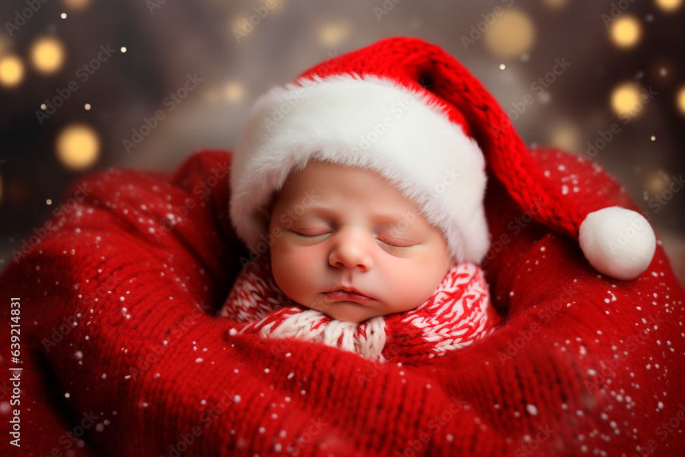 a newborn in modern Santa Claus costume on Christmas background 