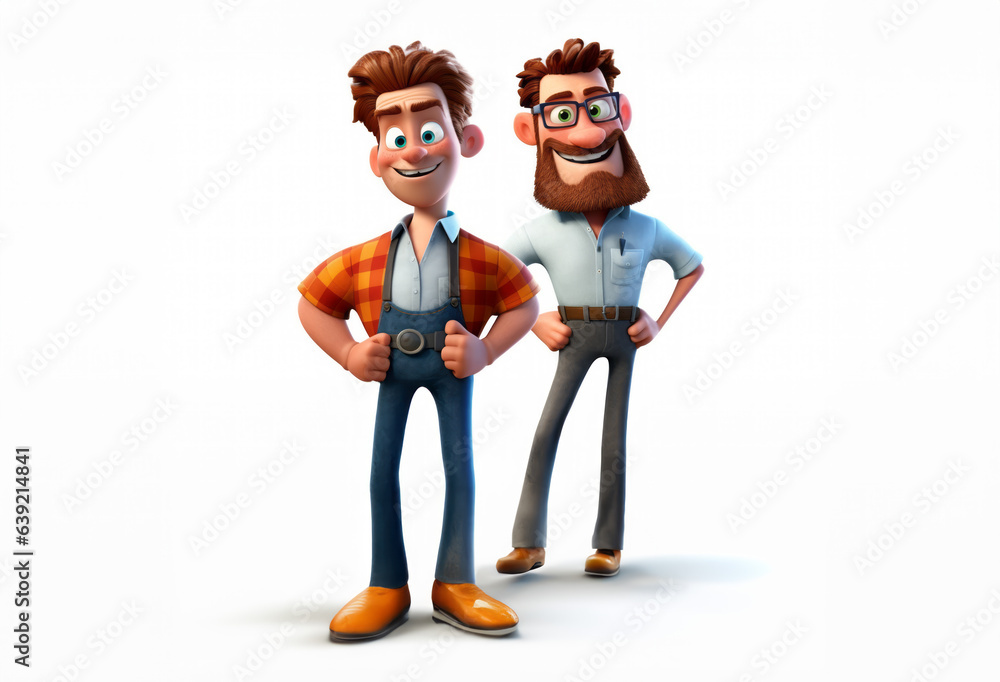 3d childrens characters in 3d cartoon style. Two men standing and smiling. Isolated on white background. Creative writing prompt, classroom creative writing lesson planning resource. 3d childrens characters in 3d cartoon style. Two men standing and smiling. Isolated on white background. Creative writing prompt, classroom creative writing lesson planning resource.