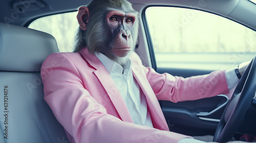 An older monkey driving an expensive car  pastel colors