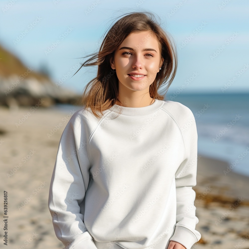 female on the beach wearing white sweatshirt for mock up female on the beach wearing white sweatshirt for mock up