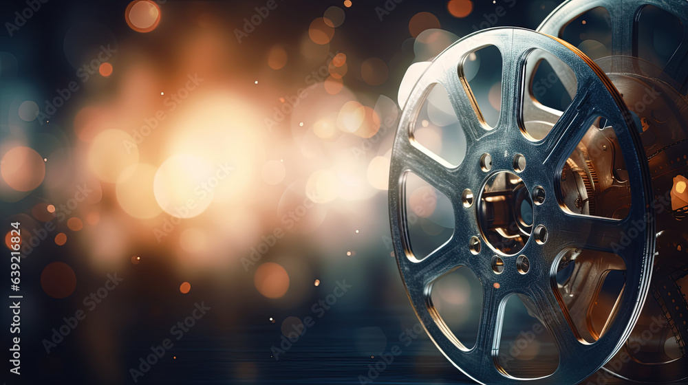 Vintage film reel with bokeh lights in the background