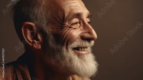 A contented senior man, dressed in understated gray attire, radiates joy in this portrait. Generative AI