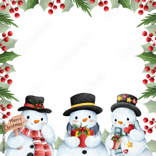 Watercolor illustration Christmas decoration frame with snowman