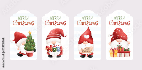 Watercolor illustration set of Christmas hangtag with Gnome