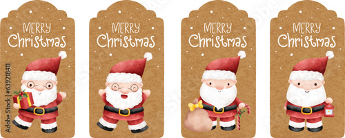 Watercolor illustration set of Christmas hangtag with Santa Claus