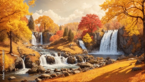 beautiful autumn landscape in autumn with waterfall