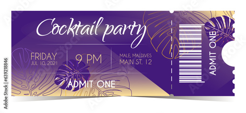 Cocktail summer party vintage purple and yellow colored vector tickets for admit one