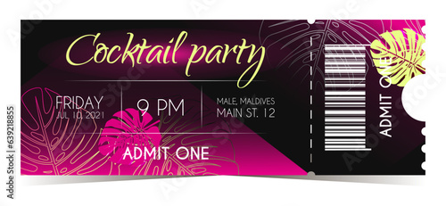 Cocktail summer party vintage black, pink and yellow colored vector tickets for admit one